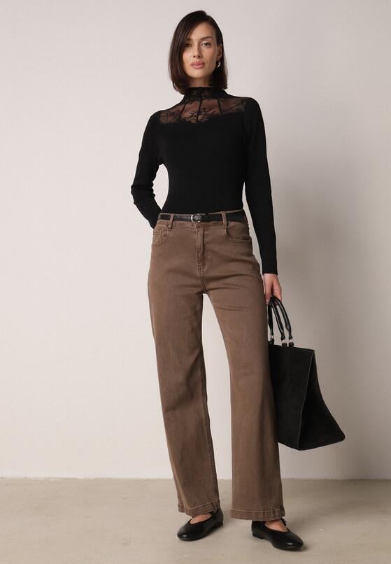 Czarny Dopasowany Sweter z Półgolfem z Wiskozą Zdobiony Koronkową Siateczką Genna 2