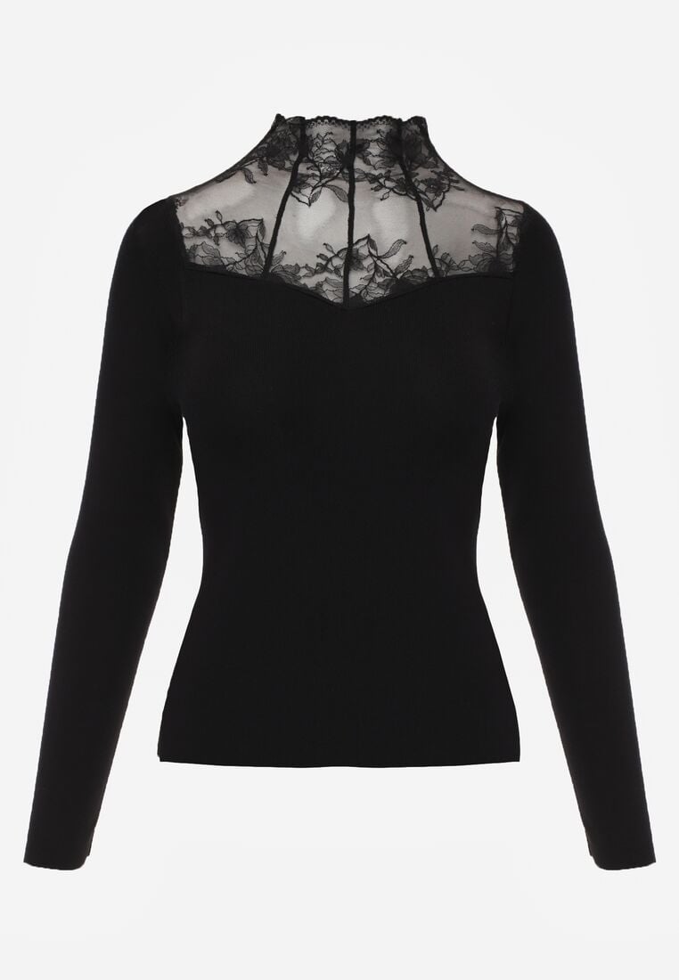 Czarny Dopasowany Sweter z Półgolfem z Wiskozą Zdobiony Koronkową Siateczką Genna 6