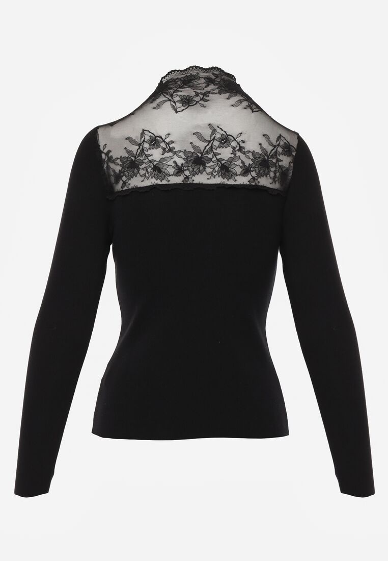 Czarny Dopasowany Sweter z Półgolfem z Wiskozą Zdobiony Koronkową Siateczką Genna 7