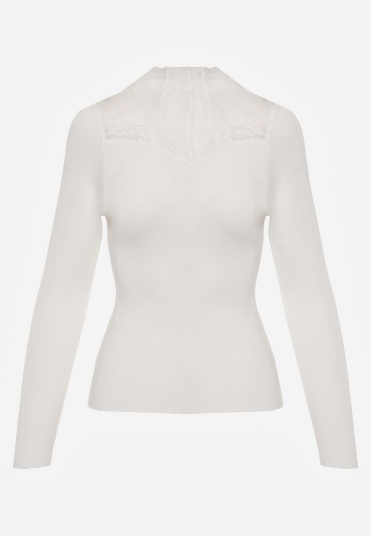 Biały Dopasowany Sweter z Półgolfem z Wiskozą Zdobiony Koronkową Siateczką Genna 6