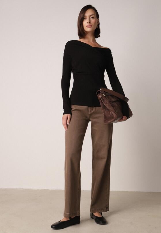 Czarna Bluzka z Bawełną Dekoltem Typu Łódka i Marszczeniem  Typhatos 2