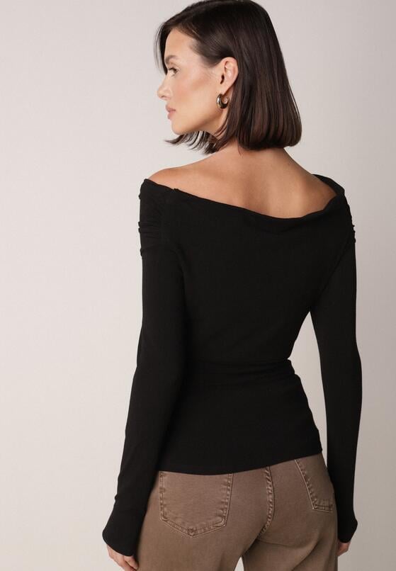 Czarna Bluzka z Bawełną Dekoltem Typu Łódka i Marszczeniem  Typhatos 3