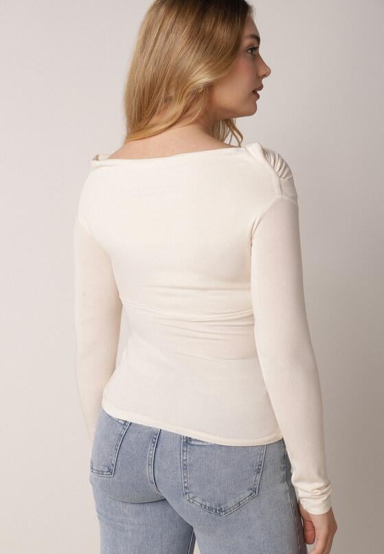 Beżowy Bluzka z Bawełną Dekoltem Typu Łódka i Marszczeniem  Typhatos 3