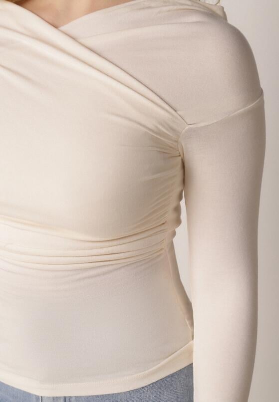 Beżowy Bluzka z Bawełną Dekoltem Typu Łódka i Marszczeniem  Typhatos 5