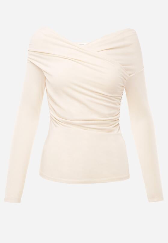 Beżowy Bluzka z Bawełną Dekoltem Typu Łódka i Marszczeniem  Typhatos 6