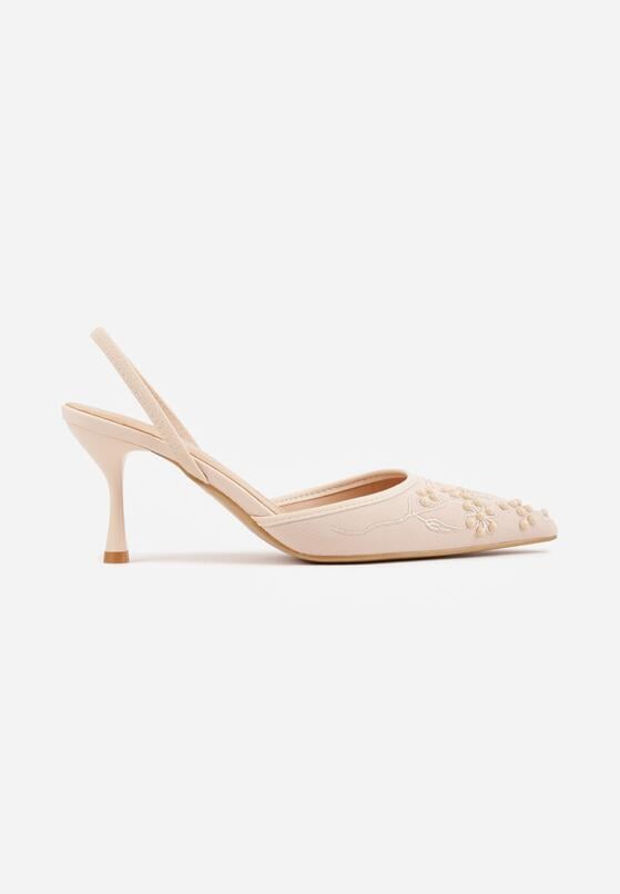 Beżowe Sandały na Szpilce Ozdobione Koralikami i Haftem Iphorise 4