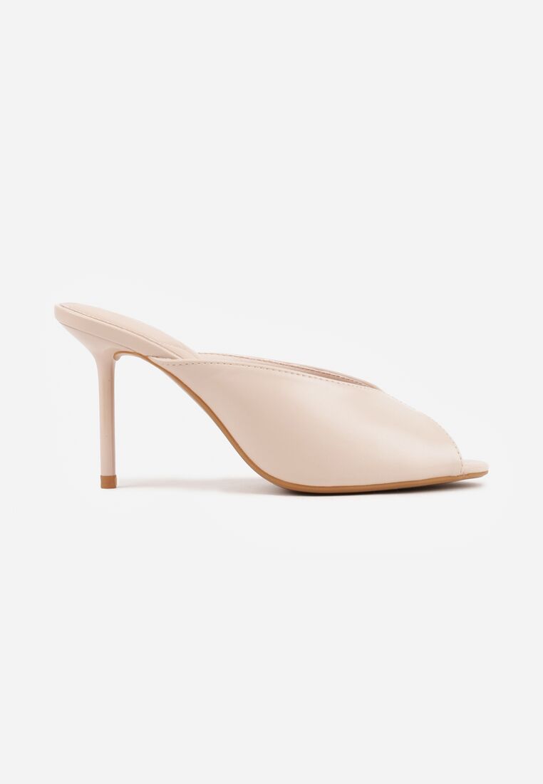 Beżowe Klapki na Szpilce Ozdobione Wyciętą Cholewką Berineli 4