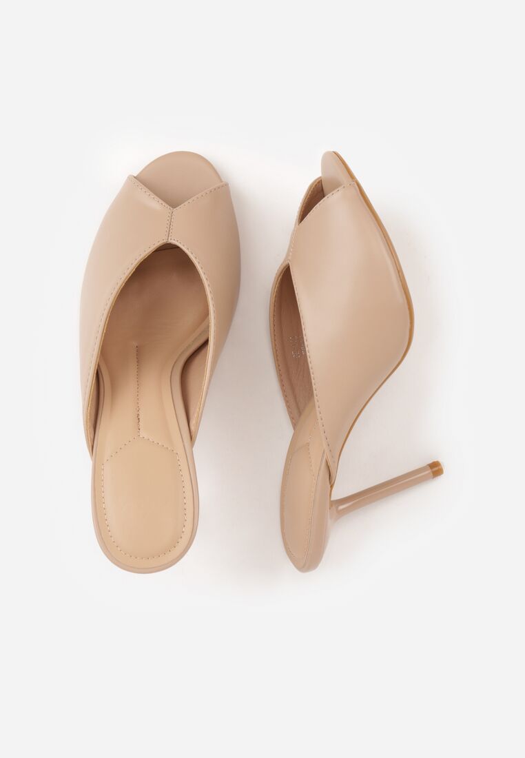 Ciemnobeżowe Klapki na Szpilce Ozdobione Wyciętą Cholewką Berineli 8