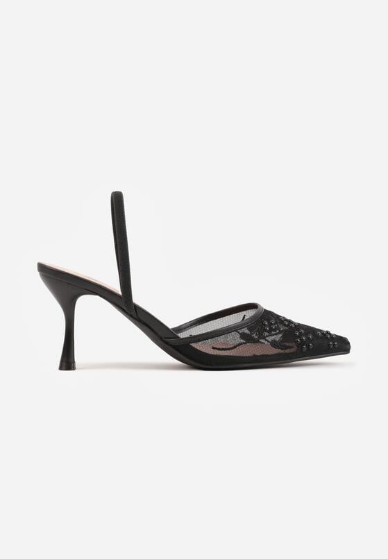 Czarne Sandały na Szpilce z Koronką Caskstar 4