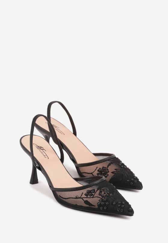 Czarne Sandały na Szpilce z Koronką Caskstar 5