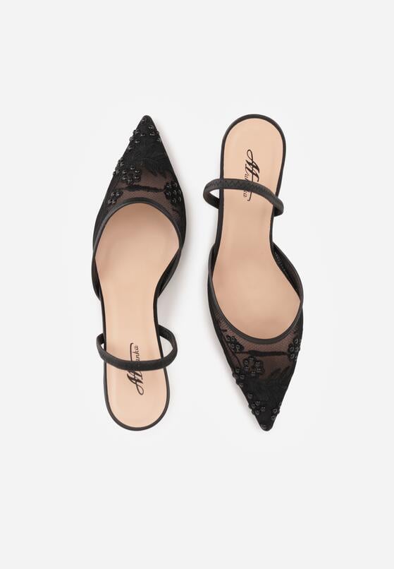 Czarne Sandały na Szpilce z Koronką Caskstar 6