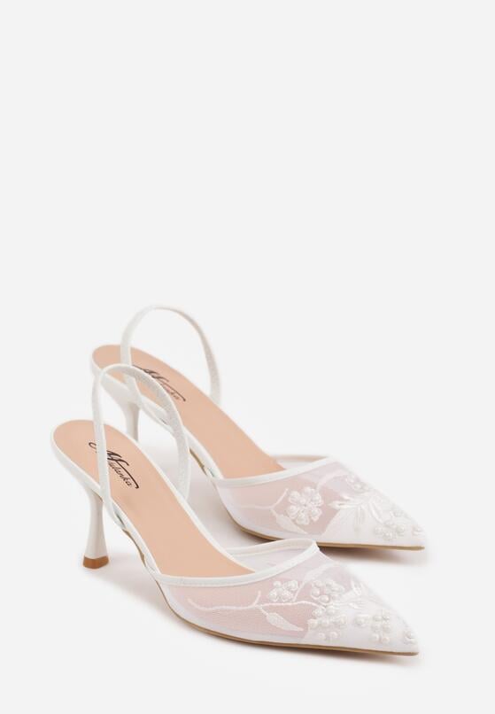 Białe Sandały na Szpilce z Koronką Caskstar 5