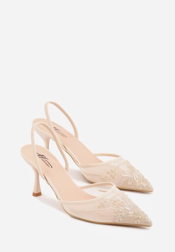 Beżowe Sandały na Szpilce z Koronką Caskstar 5