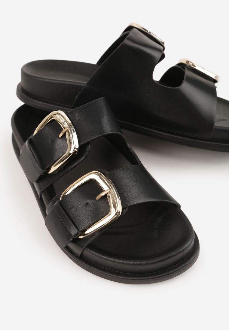 Czarne Klapki Ozdobione Dwoma Paskami i Klamrami Jilryna 8