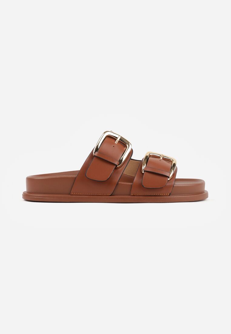 Brązowe Klapki Ozdobione Dwoma Paskami i Klamrami Jilryna 4