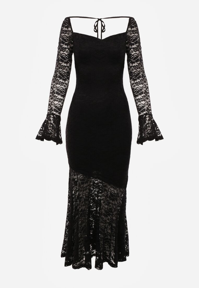 Czarna Koronkowa Sukienka VICES o Eleganckim Kroju z Wiązaniem na Plecach Irinlenne 6