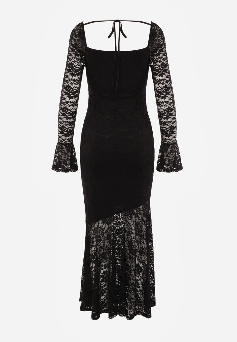 Czarna Koronkowa Sukienka VICES o Eleganckim Kroju z Wiązaniem na Plecach Irinlenne 7
