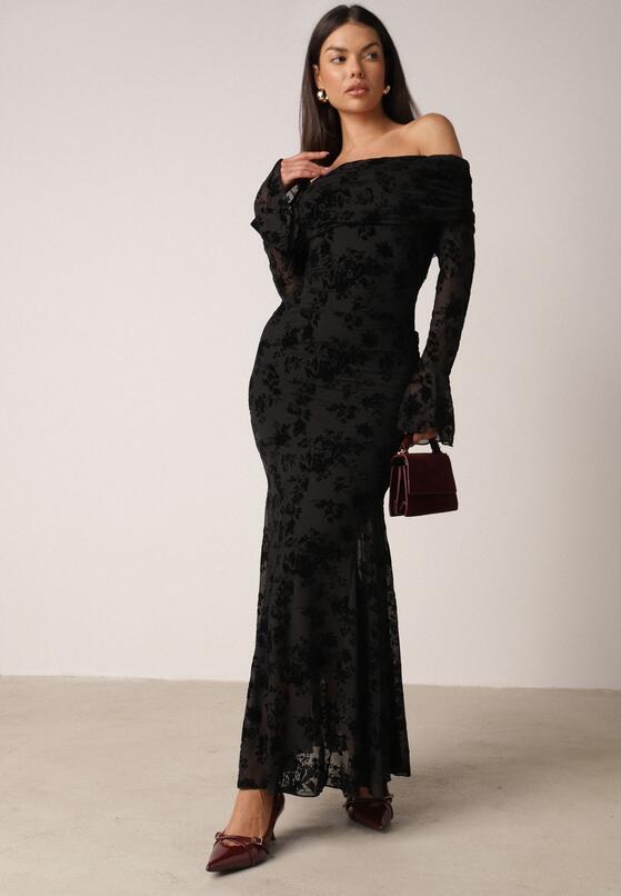 Czarna Koktajlowa Sukienka VICES z Odkrytymi Ramionami i Welurowym Wzorem Drensyss 1