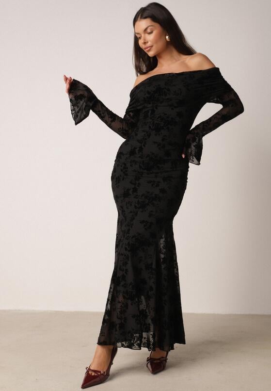 Czarna Koktajlowa Sukienka VICES z Odkrytymi Ramionami i Welurowym Wzorem Drensyss 4