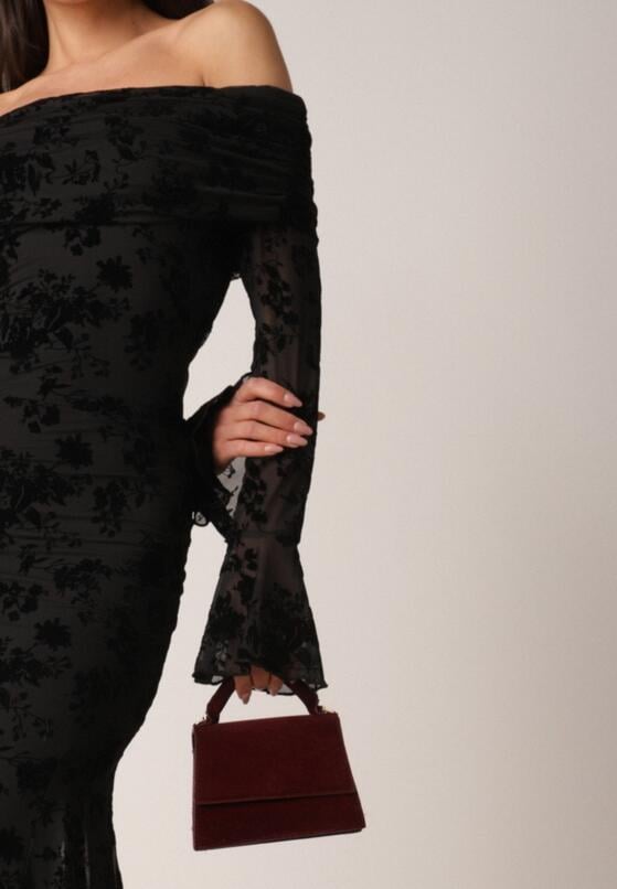 Czarna Koktajlowa Sukienka VICES z Odkrytymi Ramionami i Welurowym Wzorem Drensyss 5