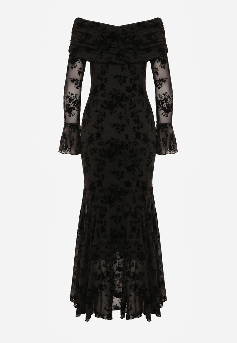 Czarna Koktajlowa Sukienka VICES z Odkrytymi Ramionami i Welurowym Wzorem Drensyss 6