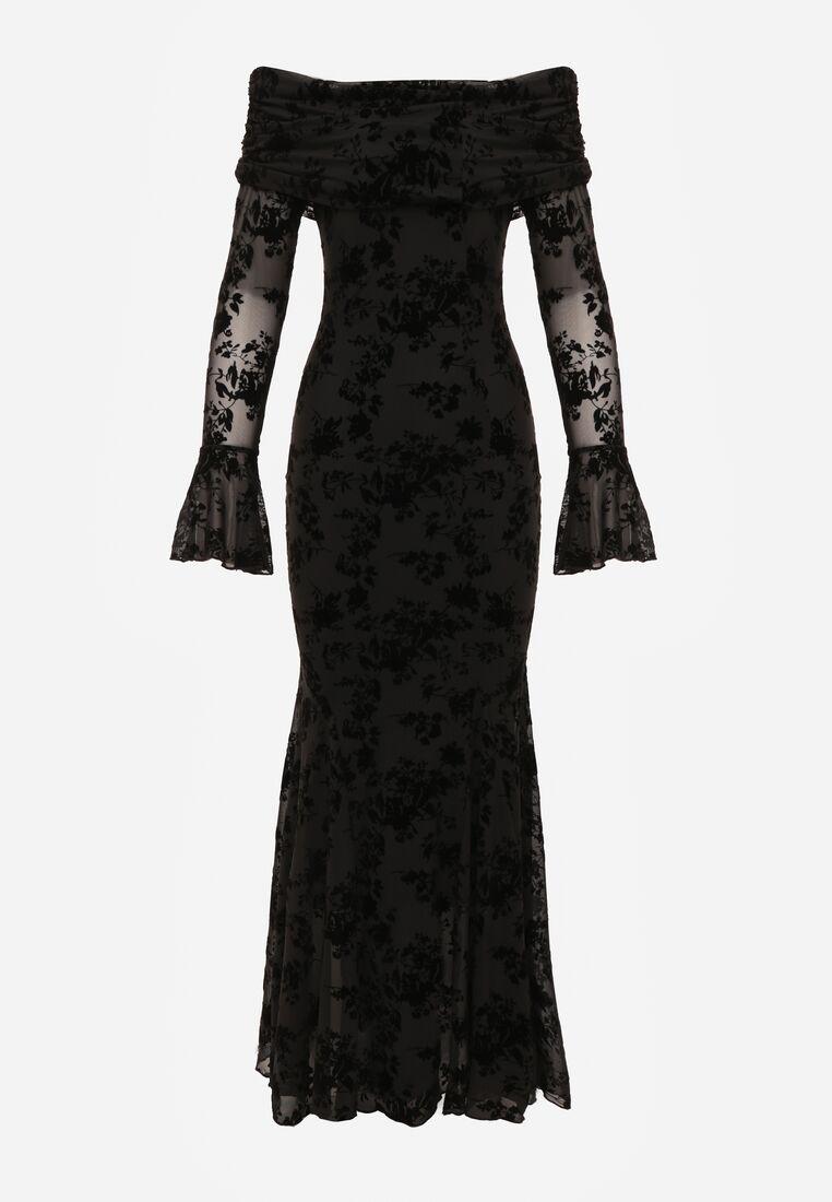 Czarna Koktajlowa Sukienka VICES z Odkrytymi Ramionami i Welurowym Wzorem Drensyss 7