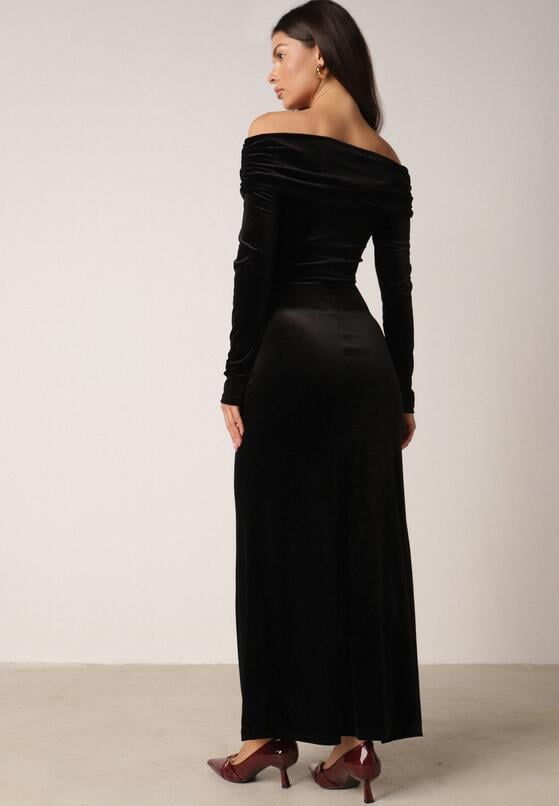 Czarna Welurowa Sukienka Wieczorowa VICES z Odkrytymi Ramionami Vheslith 3