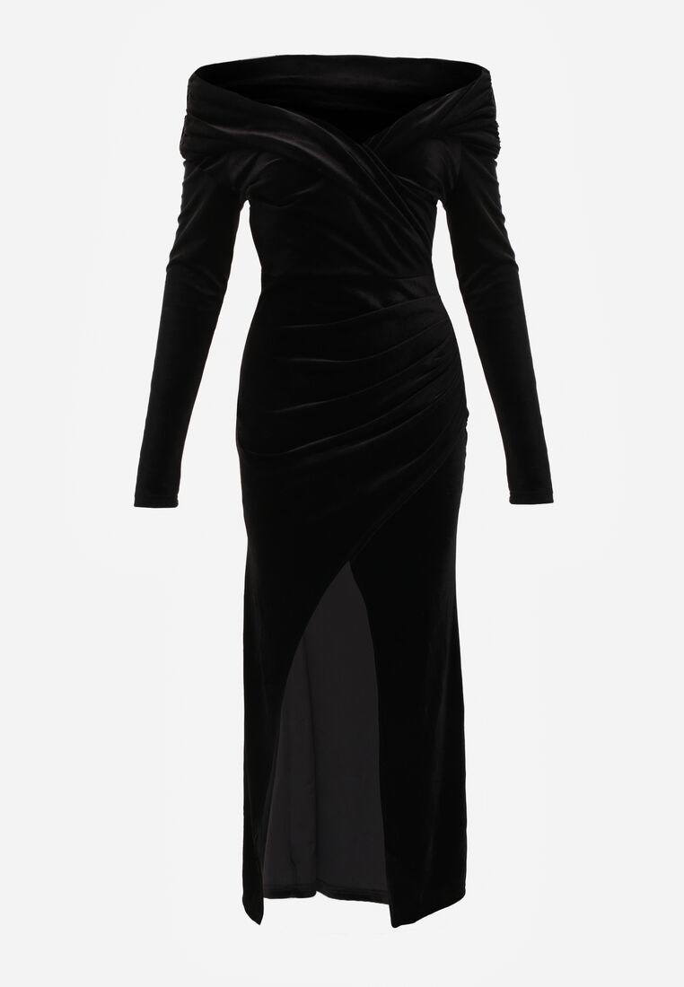 Czarna Welurowa Sukienka Wieczorowa VICES z Odkrytymi Ramionami Vheslith 6