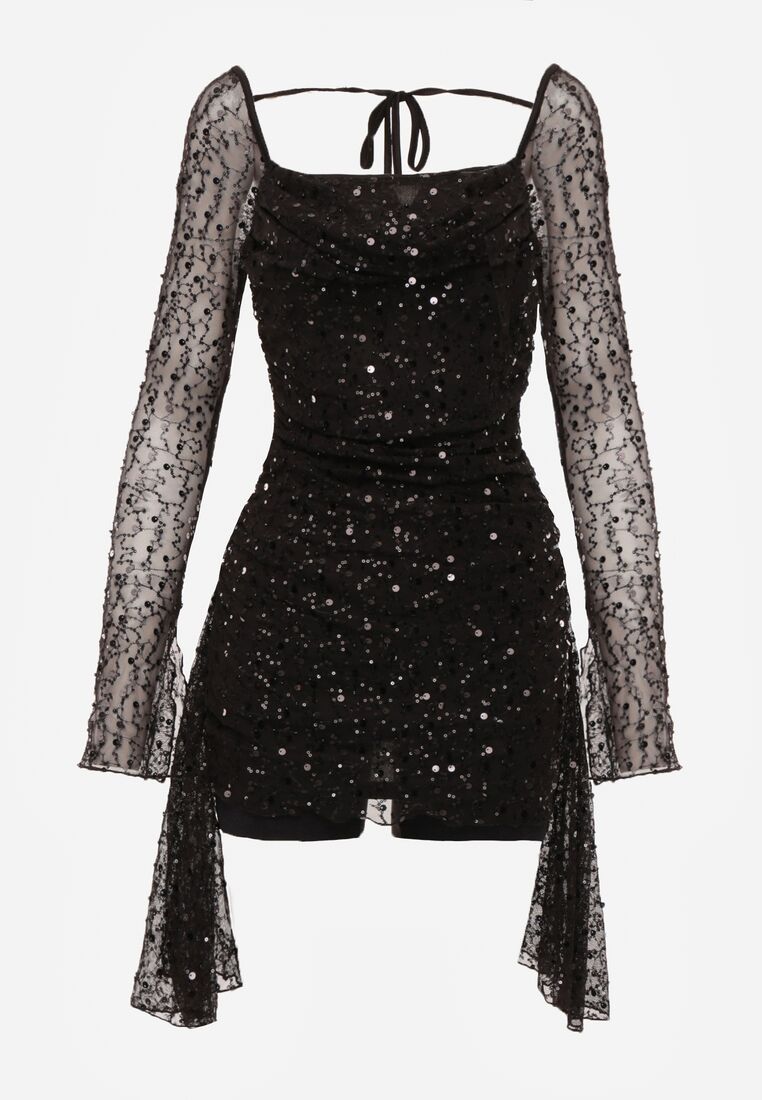 Czarna Cekinowa Sukienka VICES o Dopasowanym Kroju z Wiązaniem Adrasalphia 6
