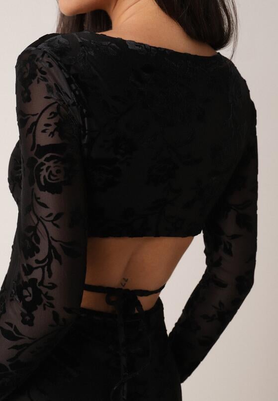 Czarna Dopasowana Sukienka VICES z Wiązaniem i Welurowym Wzorem Thessadenah 5