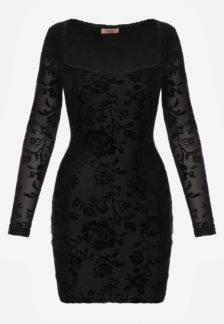 Czarna Dopasowana Sukienka VICES z Wiązaniem i Welurowym Wzorem Thessadenah 6