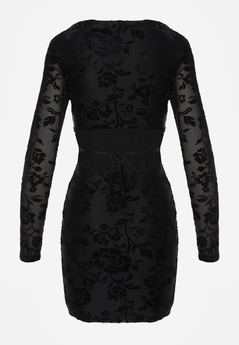 Czarna Dopasowana Sukienka VICES z Wiązaniem i Welurowym Wzorem Thessadenah 7