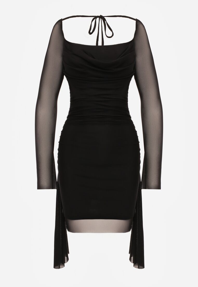 Czarna Siateczkowa Sukienka VICES o Dopasowanym Kroju z Wiązaniem Arieslenne 6