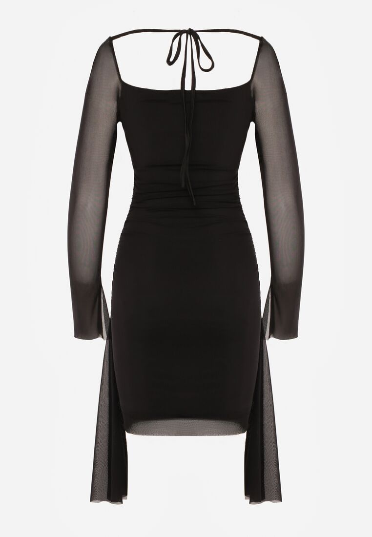 Czarna Siateczkowa Sukienka VICES o Dopasowanym Kroju z Wiązaniem Arieslenne 7