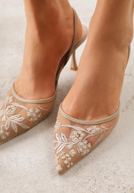 Ciemnobeżowe Sandały na Szpilce z Koronką Caskstar 3