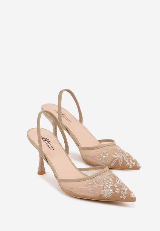 Ciemnobeżowe Sandały na Szpilce z Koronką Caskstar 5