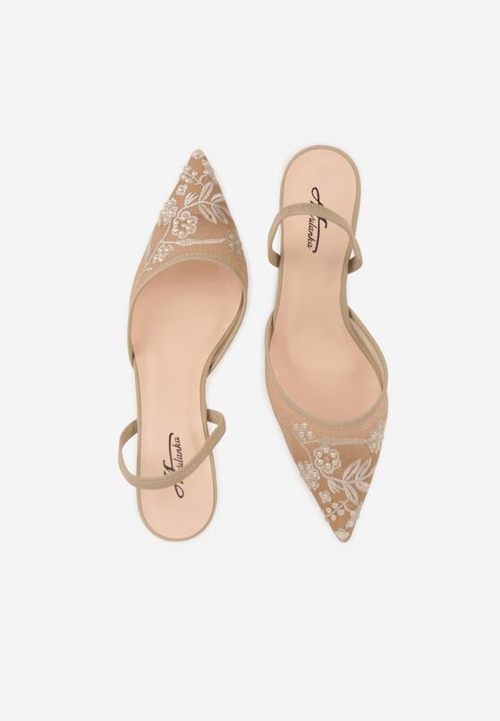 Ciemnobeżowe Sandały na Szpilce z Koronką Caskstar 6