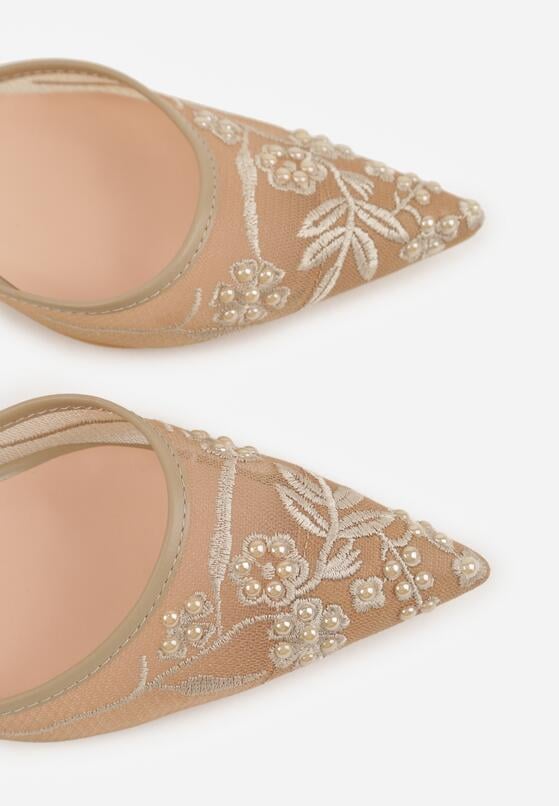 Ciemnobeżowe Sandały na Szpilce z Koronką Caskstar 8