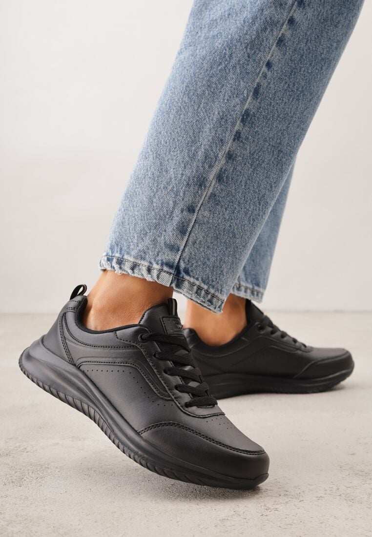 Czarne Sznurowane Buty Sportowe z Cholewką przed Kostkę z Przeszyciami Tereditee 2