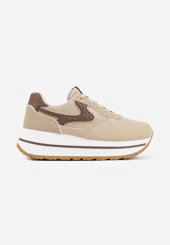 Beżowe Sneakersy na Grubej Podeszwie z Perforacją i Tweedowymi Wstawkami Idaphyphe 4