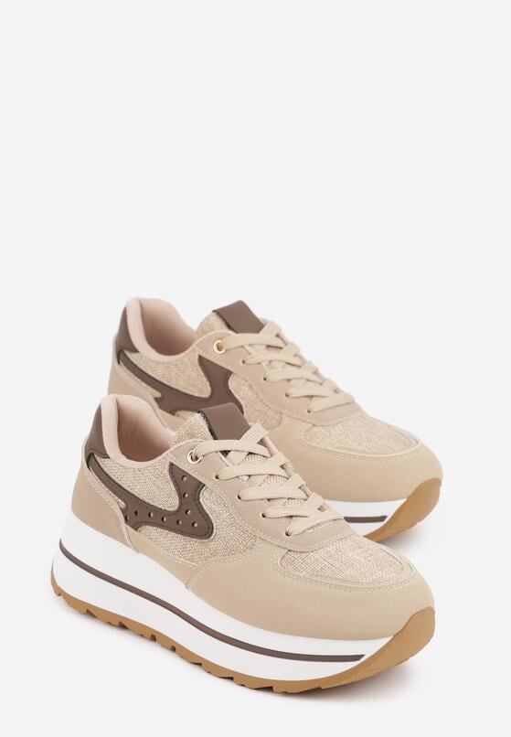 Beżowe Sneakersy na Grubej Podeszwie z Perforacją i Tweedowymi Wstawkami Idaphyphe 5