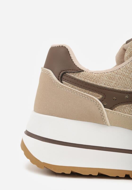 Beżowe Sneakersy na Grubej Podeszwie z Perforacją i Tweedowymi Wstawkami Idaphyphe 8