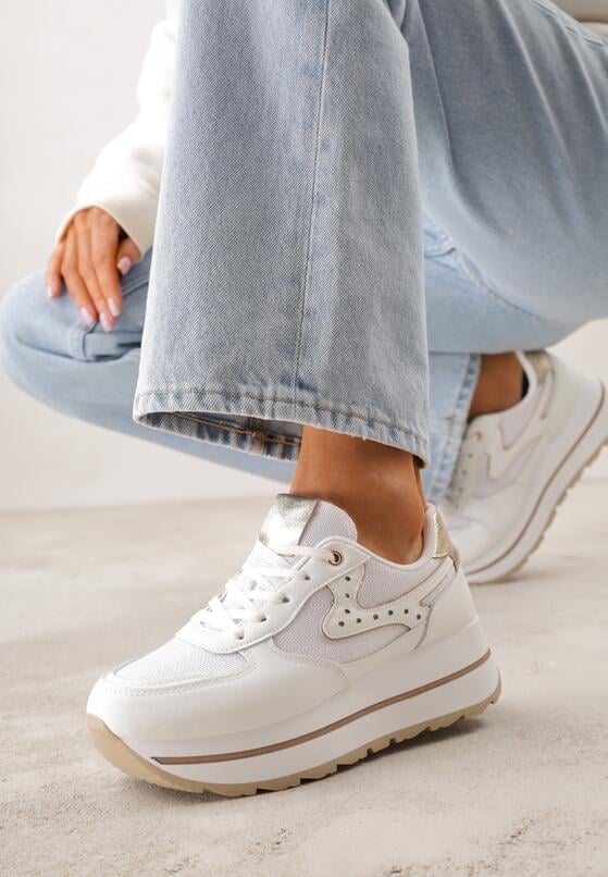 Białe Sneakersy na Grubej Podeszwie z Perforacją i Tweedowymi Wstawkami Idaphyphe 2