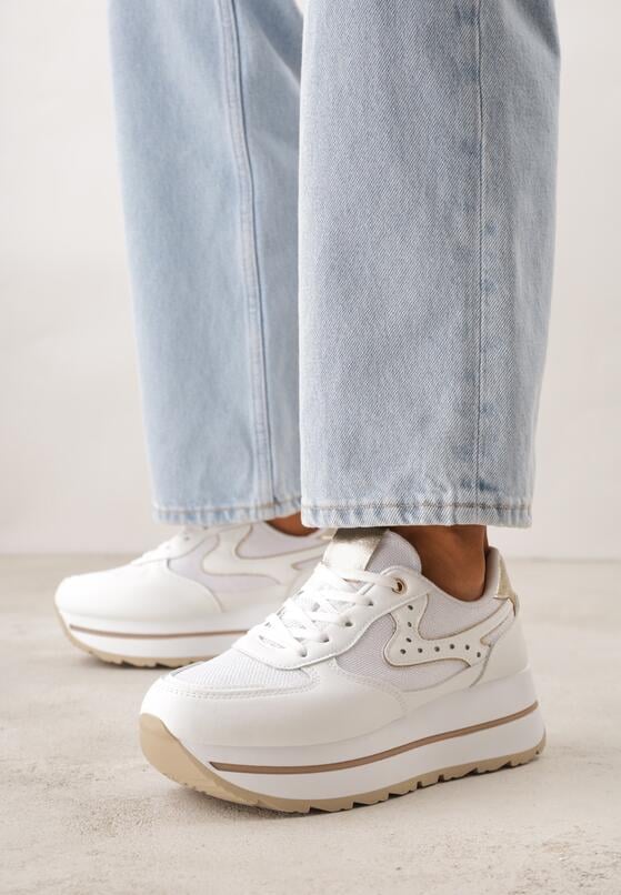 Białe Sneakersy na Grubej Podeszwie z Perforacją i Tweedowymi Wstawkami Idaphyphe 1