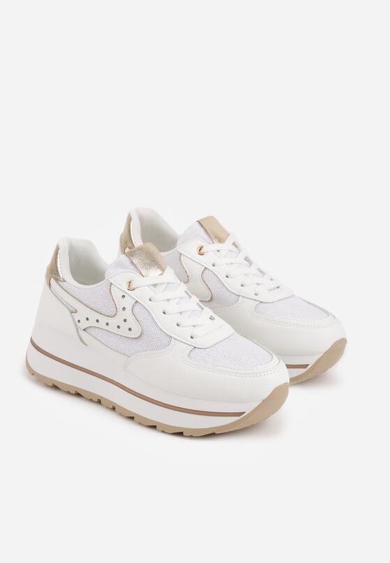 Białe Sneakersy na Grubej Podeszwie z Perforacją i Tweedowymi Wstawkami Idaphyphe 5