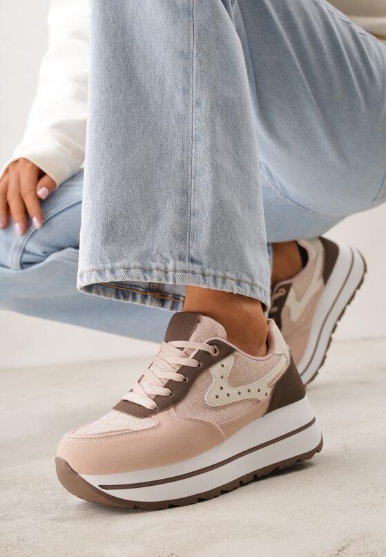 Różowe Sneakersy na Grubej Podeszwie z Perforacją i Tweedowymi Wstawkami Idaphyphe 2