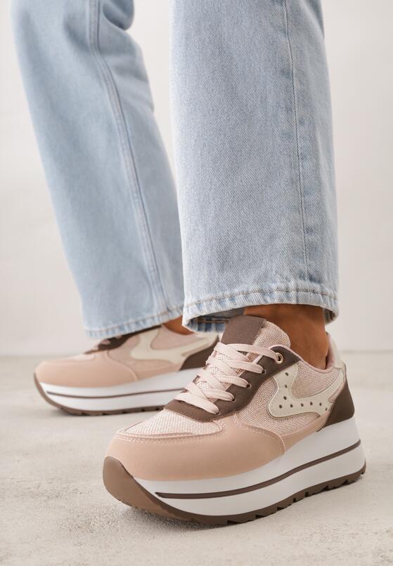 Różowe Sneakersy na Grubej Podeszwie z Perforacją i Tweedowymi Wstawkami Idaphyphe 1