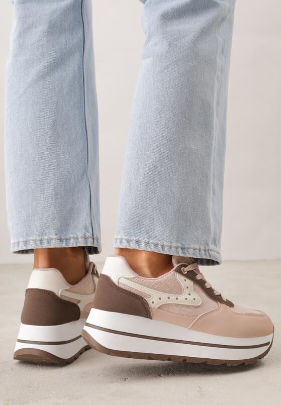 Różowe Sneakersy na Grubej Podeszwie z Perforacją i Tweedowymi Wstawkami Idaphyphe 3