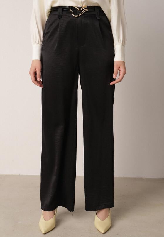 Czarne Szerokie Spodnie z Wysokim Stanem z Domieszką Bawełny i Geometryczną Klamrą Syliteia 2