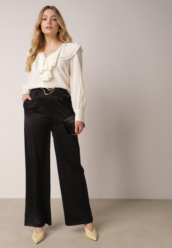 Czarne Szerokie Spodnie z Wysokim Stanem z Domieszką Bawełny i Geometryczną Klamrą Syliteia 4